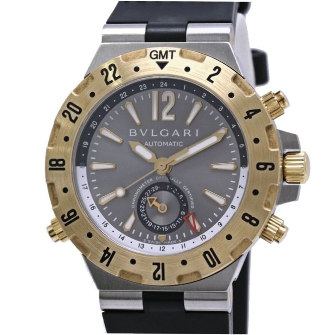 BVLGARI Diagono Professional GMT GMT40C5SGVD GMT40SG Men's Watch SS x 18K Yellow Gold Rubber 40536: --- Catalog ---Category: SizeWrist Size: 19cm / 7.48''Case Diameter: 40mm / 1.57''Category: DesignType: WristwatchGender: MenColor (Dial): GrayMaterial (Band): RubberMaterial (Case): Stainless steel, 