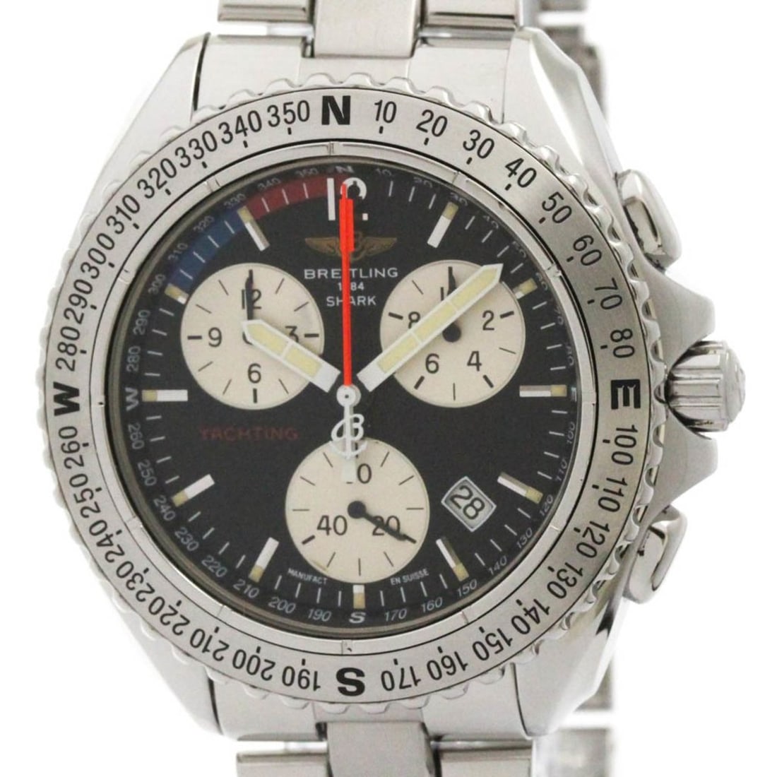 BREITLING Chrono Shark Yacht Steel Quartz Mens Watch A53606 Polished: --- Catalog ---Category: SizeCase Diameter: 42mm / 1.65''Category: DesignType: WristwatchStyle: SportGender: MenColor (Dial): BlackMaterial (Band): Stainless steelMaterial (Case): Stainless steelCateg