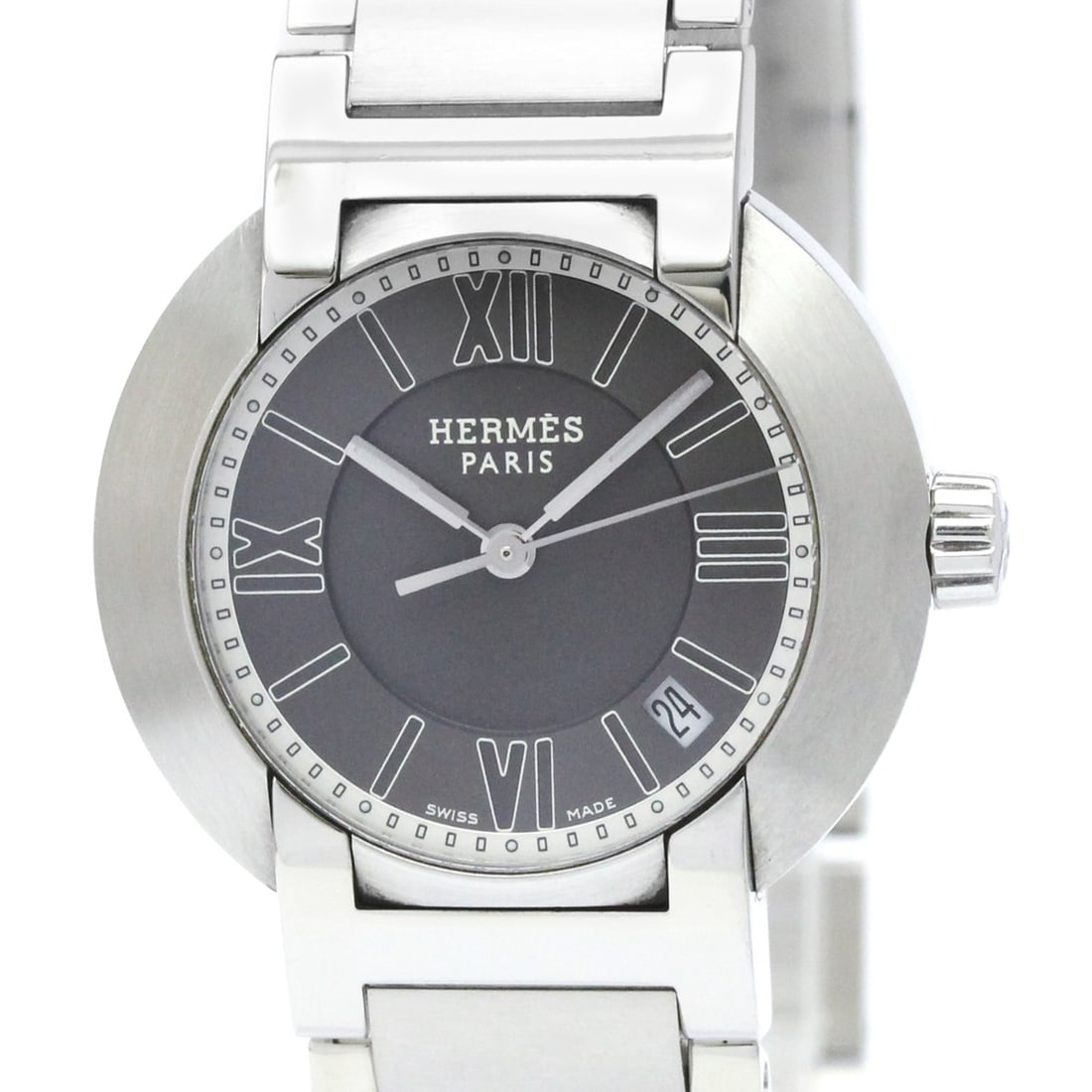 HERMES Nomade Steel Auto Quartz Ladies Watch NO1.210 Polished: --- Catalog ---Category: SizeCase Diameter: 28mm / 1.1''Category: DesignType: WristwatchStyle: Dress/FormalGender: WomenColor (Dial): GrayMaterial (Band): Stainless steelMaterial (Case): Stainless ste