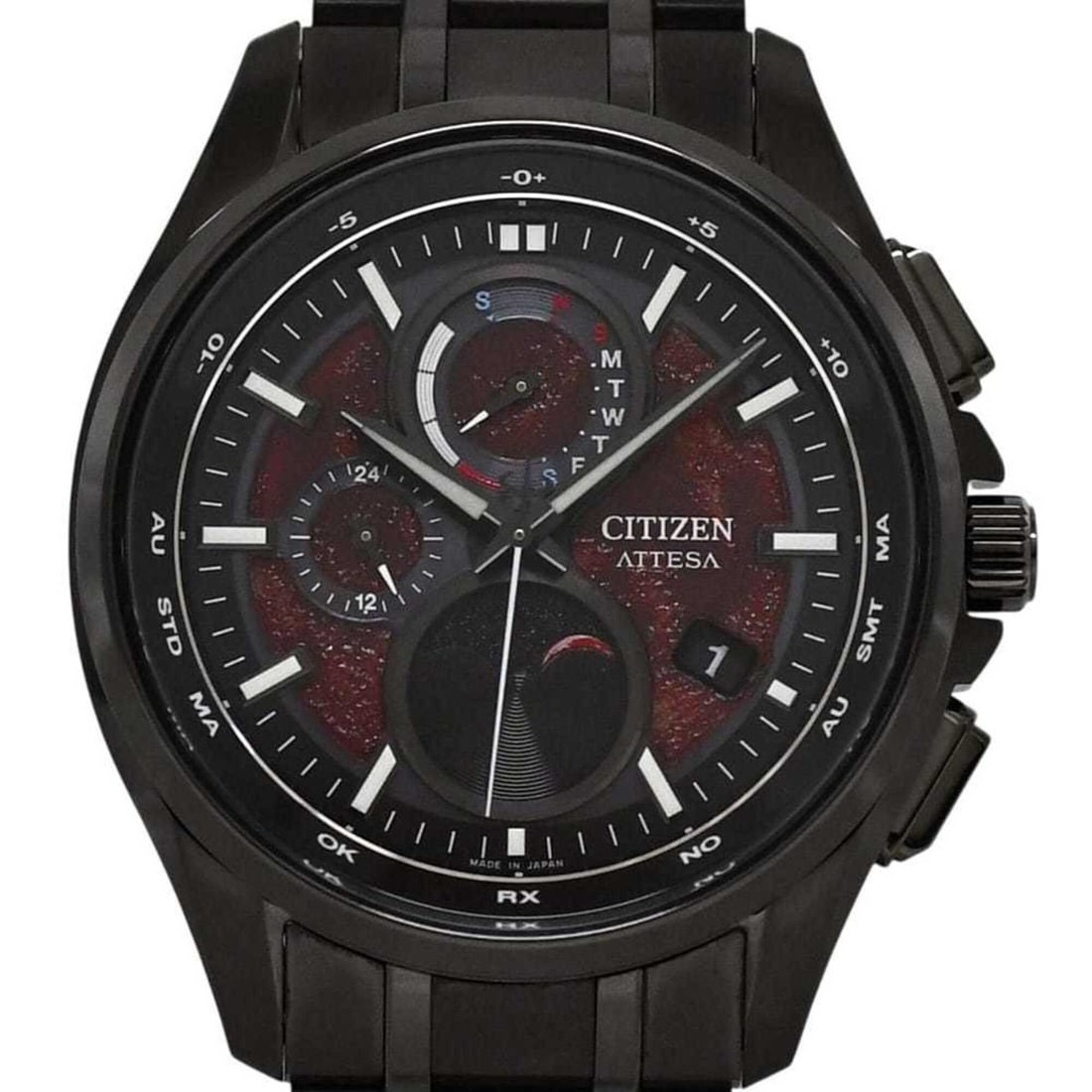 Citizen Attesa Red Black Eco-Drive Watch BY1005-73Z H874-005HK02 Men's Titanium Quartz: --- Catalog ---Category: SizeWrist Size: 19cm / 7.48''Case Diameter: 44.8mm / 1.76''Category: DesignType: WristwatchGender: MenColor (Dial): Red colorMaterial (Band): TitaniumMaterial (Case): Titanium