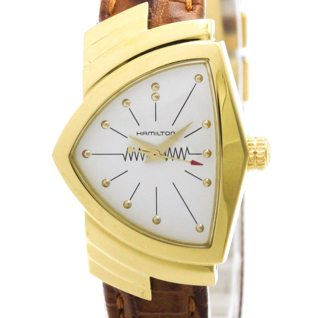 HAMILTON Ventura Gold Plated Leather Quartz Ladies Watch H24101511: --- Catalog ---Category: SizeCase Diameter: 24mm / 0.94''Category: DesignType: WristwatchStyle: Dress/FormalGender: WomenColor (Dial): WhiteMaterial (Band): LeatherMaterial (Case): Gold platedCategory