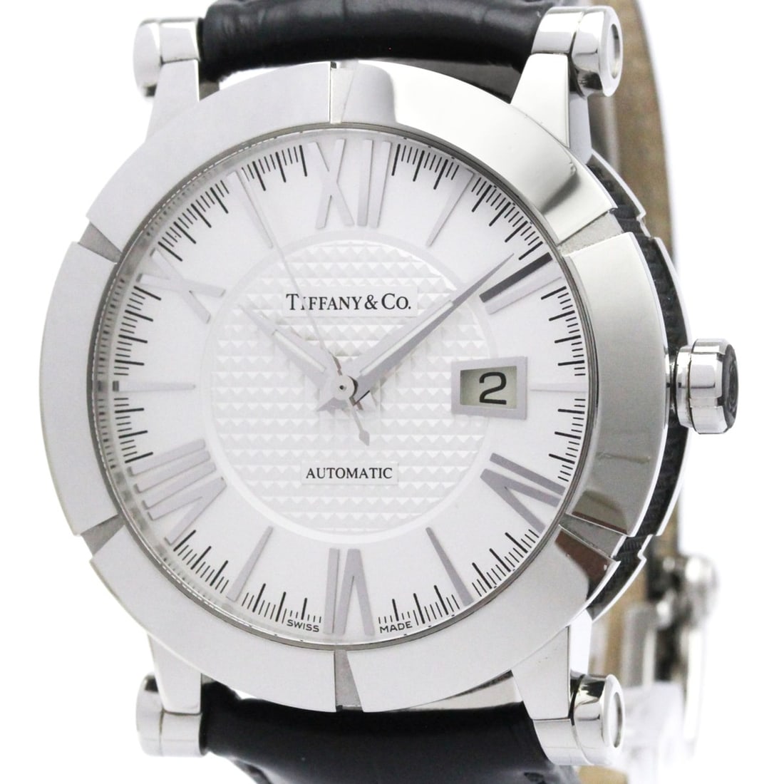 TIFFANY Atlas Gent Steel Automatic Watch Z1000.70.12A21A71A Polished: --- Catalog ---Category: SizeCase Diameter: 42mm / 1.65''Category: DesignType: WristwatchStyle: Dress/FormalGender: MenColor (Dial): SilverMaterial (Band): LeatherMaterial (Case): Rubber, Stainless st