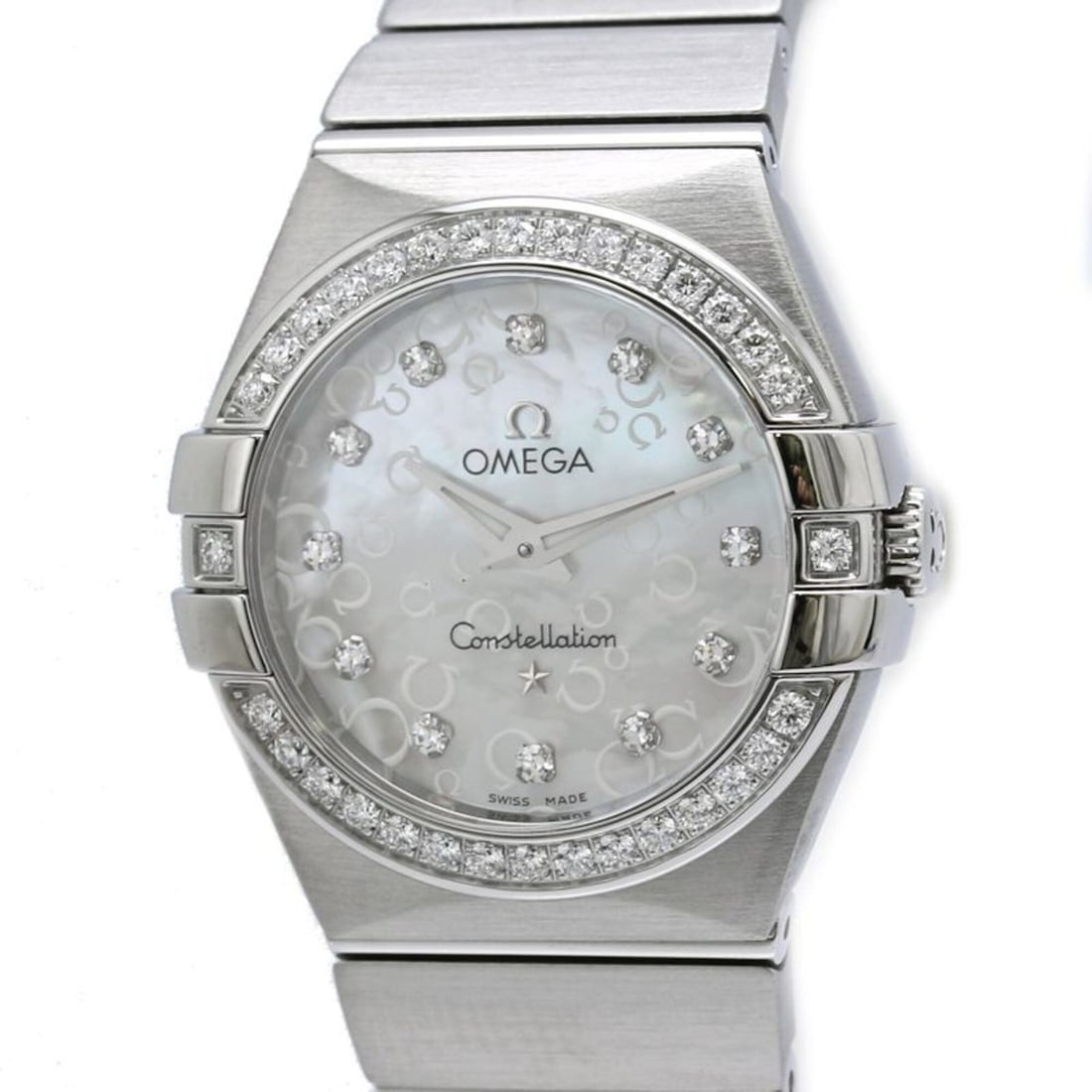 OMEGA Constellation Brushed Diamond Bezel 12P 123.15.27.60.55.005 Women's Watch Stainless Steel: --- Catalog ---Category: SizeWrist Size: 17cm / 6.69''Case Diameter: 27mm / 1.06''Category: DesignType: WristwatchGender: WomenColor (Dial): White shellMaterial (Band): Stainless steelMaterial (Case):