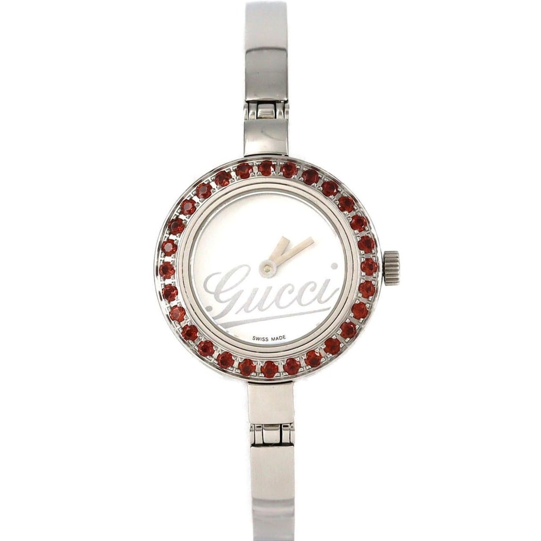 Gucci 105 Garnet YA105534 SS Quartz Watch: --- Catalog ---Category: SizeWrist Size: 15.5cm / 6.1''Case Diameter: 25mm / 0.98''Category: DesignType: WristwatchGender: WomenColor (Dial): WhiteMaterial (Band): Stainless steelMaterial (Case): Stai
