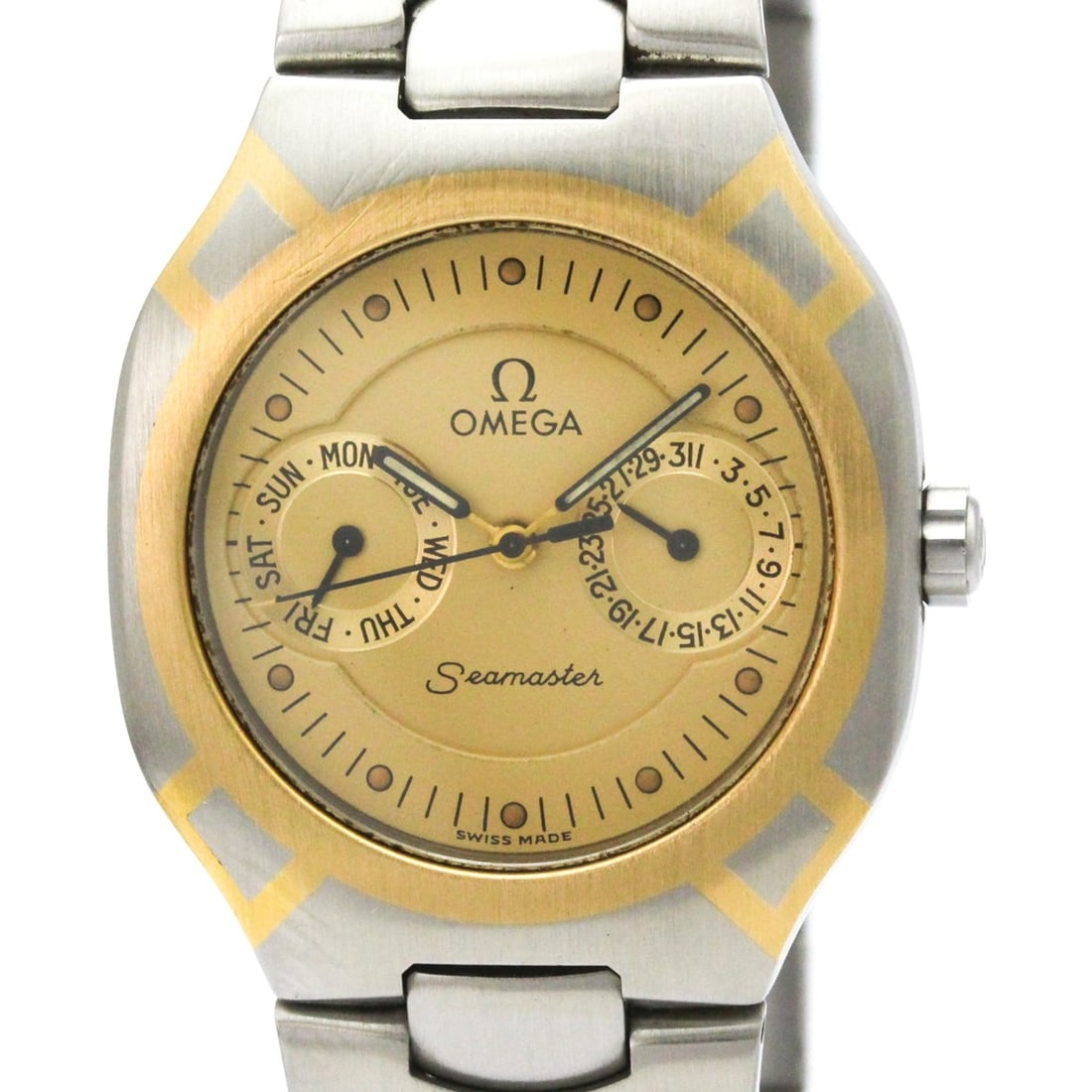 OMEGA Seamaster Polaris Day Date 18K Gold Steel Watch 396.1022 Polished: --- Catalog ---Category: SizeCase Diameter: 31mm / 1.22''Category: DesignType: WristwatchStyle: Dress/FormalGender: MenColor (Dial): GoldMaterial (Band): Stainless steelMaterial (Case): Stainless stee
