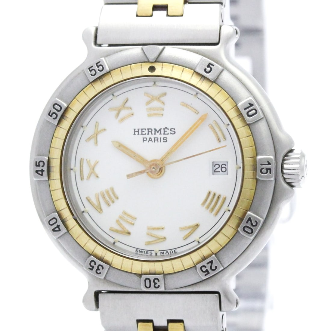 HERMES Captain Nimo Gold Plated Steel Quartz Ladies Watch: --- Catalog ---Category: SizeCase Diameter: 27mm / 1.06''Category: DesignType: WristwatchStyle: Dress/FormalGender: WomenColor (Dial): WhiteMaterial (Band): Gold plated, Stainless steelMaterial (Case)