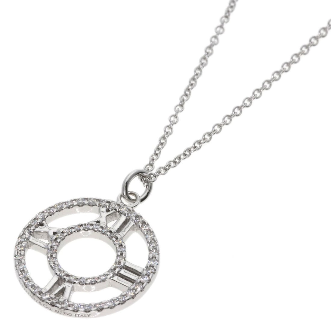 Tiffany & Co. Open Atlas Medallion Diamond Necklace, 18K White Gold, Women's.: --- Catalog ---Category: SizePendant Size: 17.3mm x 15mm / 0.68'' x 0.59''Neck Circumference: 42 cm / 16.53''Category: DesignStone: DiamondGender: WomenMaterial: White gold (18K)Necklace Type: