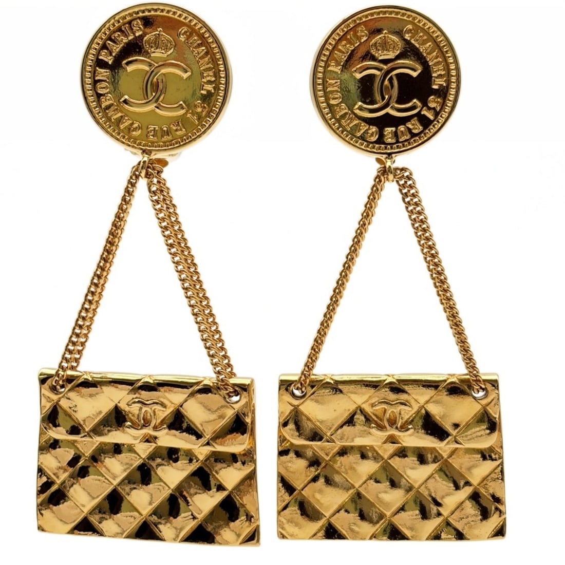 Chanel Coco Mark Matelassé Bag Motif Earrings, Gold, 31 RUE CAMBON PARIS CHANEL: --- Catalog ---Category: SizeSize (HxWxD): 75.00mm x 33.00mm x 10.00mm / 2.95'' x 1.30'' x 0.39''Category: DesignType: Clip earringsColor: GoldGender: WomenMaterial: Gold platingCategory: GeneralBrand
