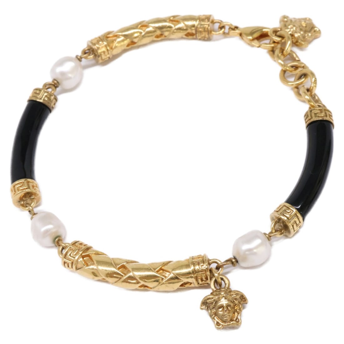 VERSACE Medusa Imitation Pearl Bracelet, Gold & Black, Women's: --- Catalog ---Category: DesignType: Charm braceletColor: Black, GoldGender: WomenMaterial: MetalCategory: GeneralBrand: Versace--- Item List ---Section: ConditionRanking: Rank AB Used - Traces of
