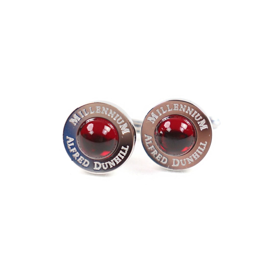 Dunhill Millennium Logo Engraved Round Shape Cufflinks with Colored Stones, Silver and Red, Case,: --- Catalog ---Category: DesignType: CufflinksColor: Red color, SilverStone: Color stoneGender: MenCategory: GeneralBrand: Dunhill--- Item List ---Section: ConditionRanking: Rank SA Used - Hardly any 