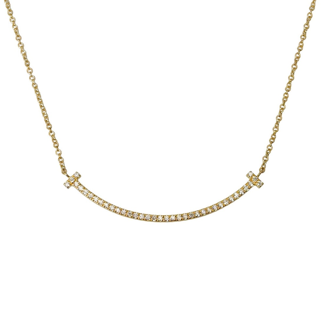 Tiffany & Co. T Smile Small Necklace with Diamonds, 40cm, 18K Yellow Gold (2.4g), Women's.: --- Catalog ---Category: SizePendant Size: 3mm x 36mm / 0.11'' x 1.41''Neck Circumference: 40 cm / 15.74''Category: DesignColor: Yellow goldStone: DiamondGender: WomenMaterial: Yellow gold (18K)Neckla