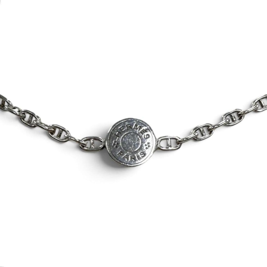 HERMES 925 Chaine d'Ancre Mini Sellier Chain Necklace Choker, Silver, Weight 4.86g, Men's/Women's: --- Catalog ---Category: SizeNeck Circumference: 40 cm / 15.74''Category: DesignColor: SilverGender: Men,WomenMaterial: Silver 925Necklace Type: NecklaceCategory: GeneralBrand: Hermes--- Item List ---