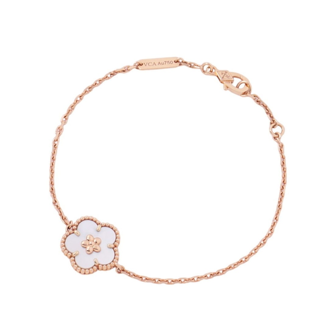 Van Cleef & Arpels Lucky Spring Plum Blossom Mother-of-Pearl Bracelet VCARP9V900: --- Catalog ---Category: SizeLength: 16.5cm / 6.49''Category: DesignType: Charm braceletGender: WomenMaterial: Pink gold (18K)Category: GeneralBrand: Van Cleef & Arpels--- Item List ---Section: Condit