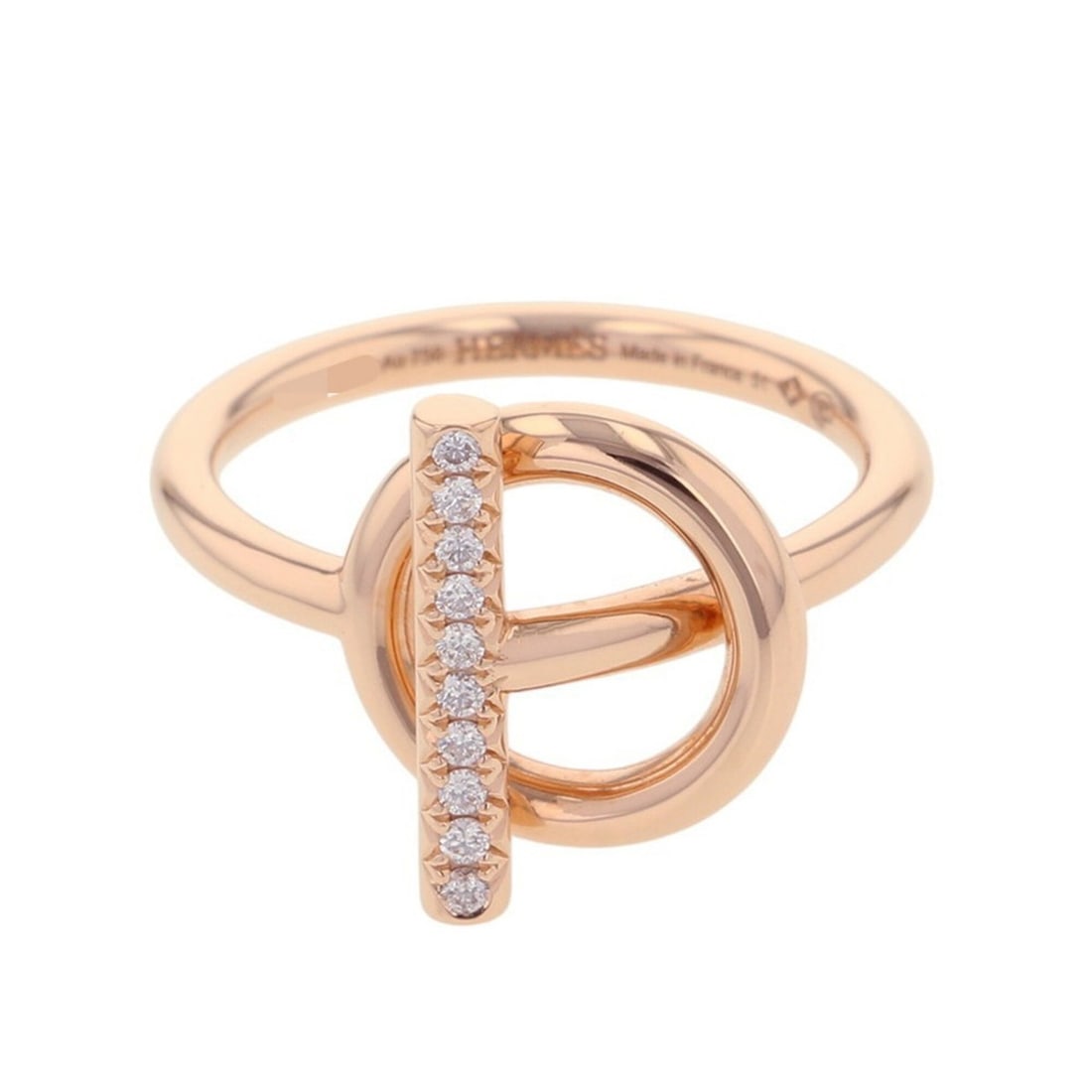 Hermes Echappee PM Ring with 10 Diamonds (0.07ct total), 18K Pink Gold, Size 51.: --- Catalog ---Category: SizeUS Size: 6Brand Size: 51Category: DesignType: Band ringGender: WomenMaterial: Pink gold (18K)Category: GeneralBrand: Hermes--- Item List ---Section: ConditionRanking: Rank
