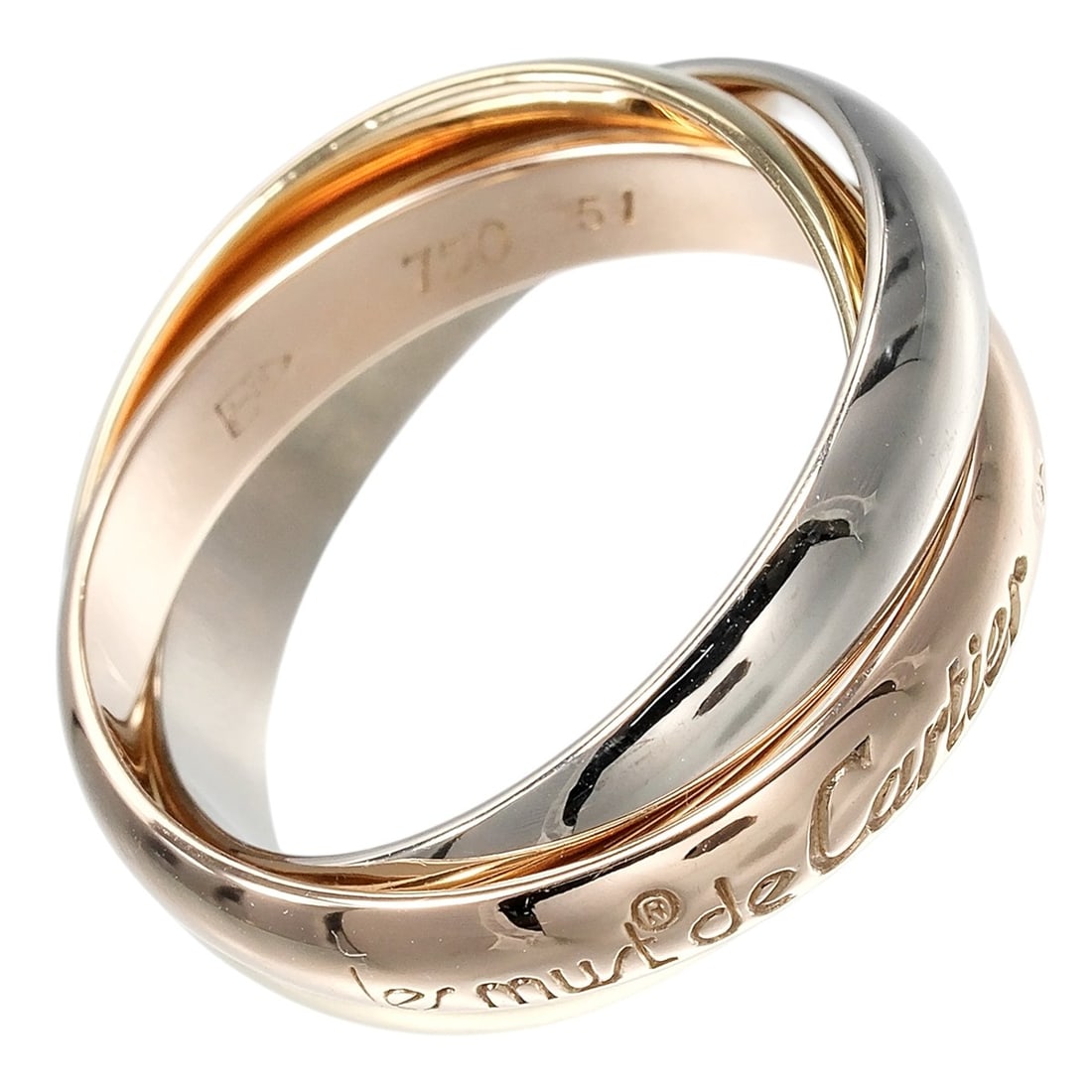 Cartier Trinity Ring, Size 10.5, 3.4mm Band, 18K Gold (YG, PG, WG), Approx. 7.45g: --- Catalog ---Category: SizeWidth: 3.4mm / 0.13''Weight: 7.45g / 0.26oz.JP Size: 10.5US Size: 5.5Category: DesignType: Band ringGender: WomenMaterial: Pink gold (18K), White gold (18K), Yellow gold