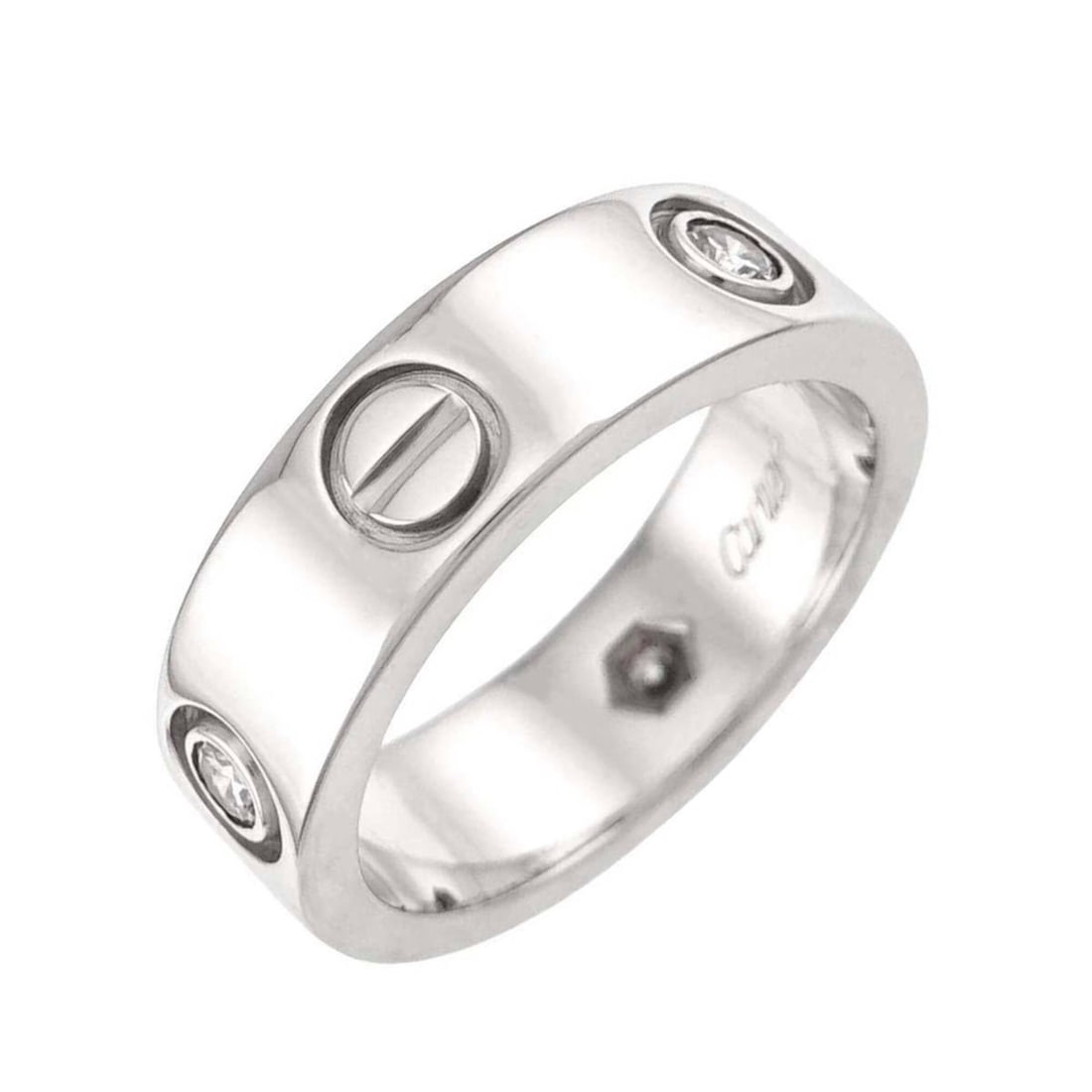 Cartier Love Ring #50, Half Diamond 3P, 18K WG White Gold 750: --- Catalog ---Category: SizeUS Size: 5.5Brand Size: 50Category: DesignType: Band ringGender: WomenMaterial: White gold (18K)Category: GeneralBrand: Cartier--- Item List ---Section: ConditionRanking: 