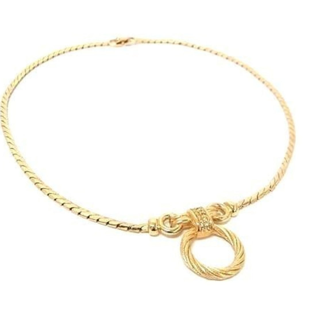 Christian Dior Gold Metal Necklace with Rhinestones for Women: --- Catalog ---Category: SizePendant Size: 25mm x 31mm / 0.98'' x 1.22''Neck Circumference: 39.5 cm / 15.55''Category: DesignColor: GoldStyle: Fashion, WeddingGender: Men,WomenSeason: