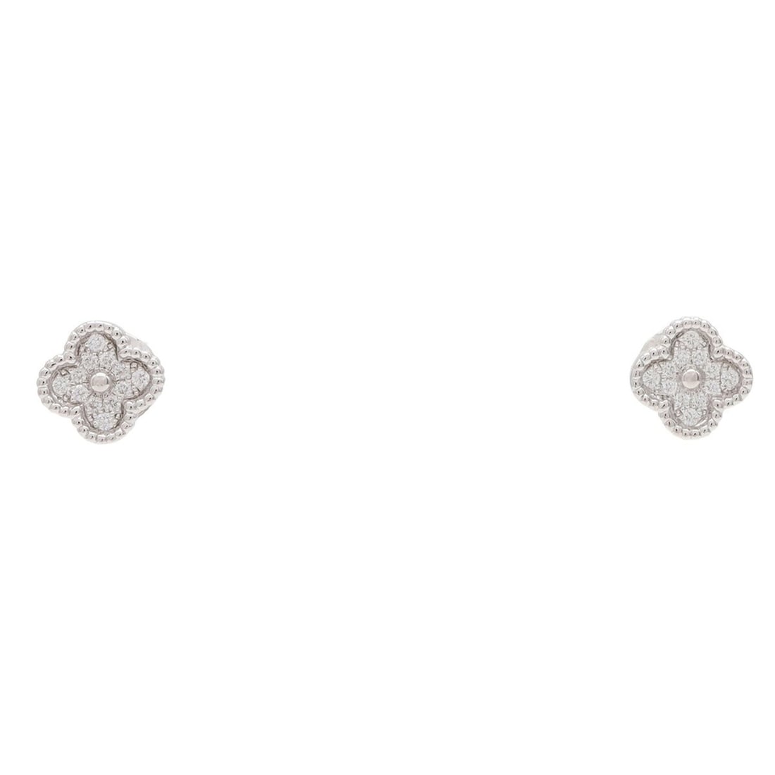 Van Cleef & Arpels Sweet Alhambra Earrings, 18K White Gold, 0.16ct Diamonds, 24D Pearls, VCARO85500: --- Catalog ---Category: SizeSize (HxWxD): 9.00mm x 9.00mm / 0.35'' x 0.35''Category: DesignType: Stud earringsColor: White goldStone: DiamondGender: WomenMaterial: White gold (18K)Weight (ct.):