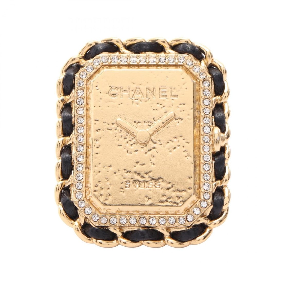 Chanel B23A Première Watch Motif Ring - Gold Plated Leather Rhinestone Women's Gold, Black, Clear (1 of 7)