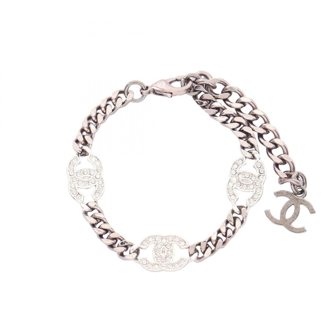 Chanel B21A Coco Mark Bracelet, Metal, Rhinestone, Women's, Silver/Clear Tones: --- Catalog ---Category: SizeLength: 10cm - 14cm / 3.93'' - 5.51''Category: DesignType: Charm braceletColor: Clear, SilverGender: WomenMaterial: Metal, RhinestoneCategory: GeneralBrand: Chanel--- Item