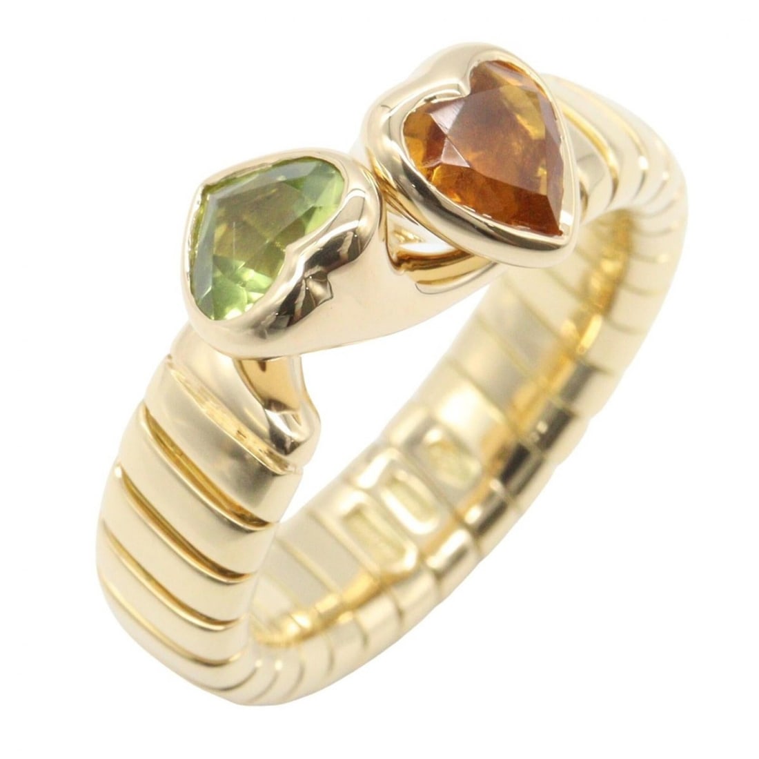 BVLGARI Tubogas Spiga Ring, Peridot and Citrine 18K (Yellow Gold), Citrine, Women's, Gold Tone,: --- Catalog ---Category: SizeWidth: 5mm / 0.2''Weight: 8.9g / 0.31oz.JP Size: 10US Size: 5.5Category: DesignType: Band ringColor: Gold, GreenStone: Citrine, PeridotGender: WomenMaterial: Yellow gold (