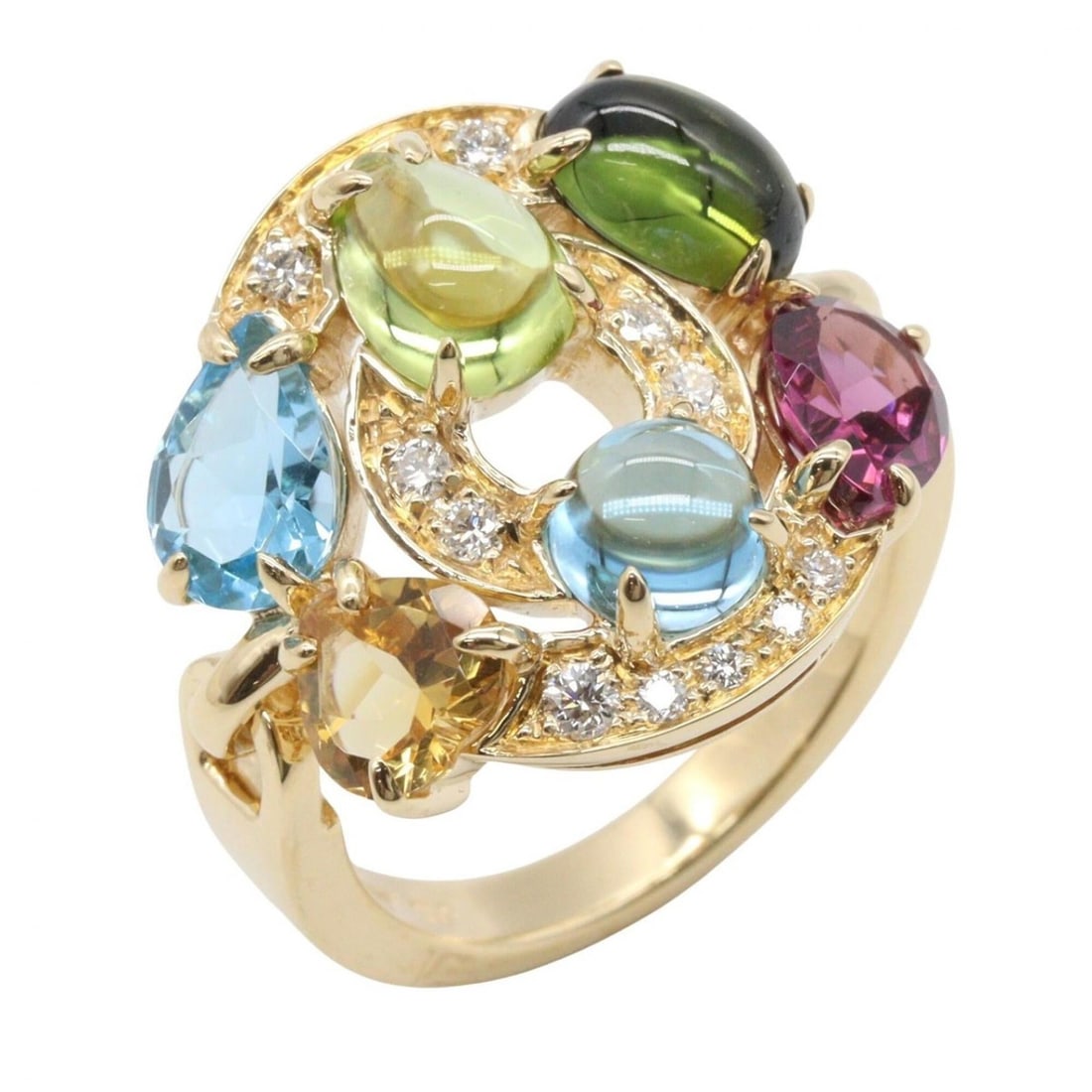 BVLGARI Astrale Cerchi Ring - 18K (Yellow Gold) with Diamonds, Peridot, Blue Topaz, Green: --- Catalog ---Category: SizeWeight: 8.9g / 0.31oz.JP Size: 11US Size: 6Category: DesignType: Band ringColor: Gold, Multi-colorStone: Citrine, Diamond, Peridot, Topaz, TourmalineGender: WomenMaterial: