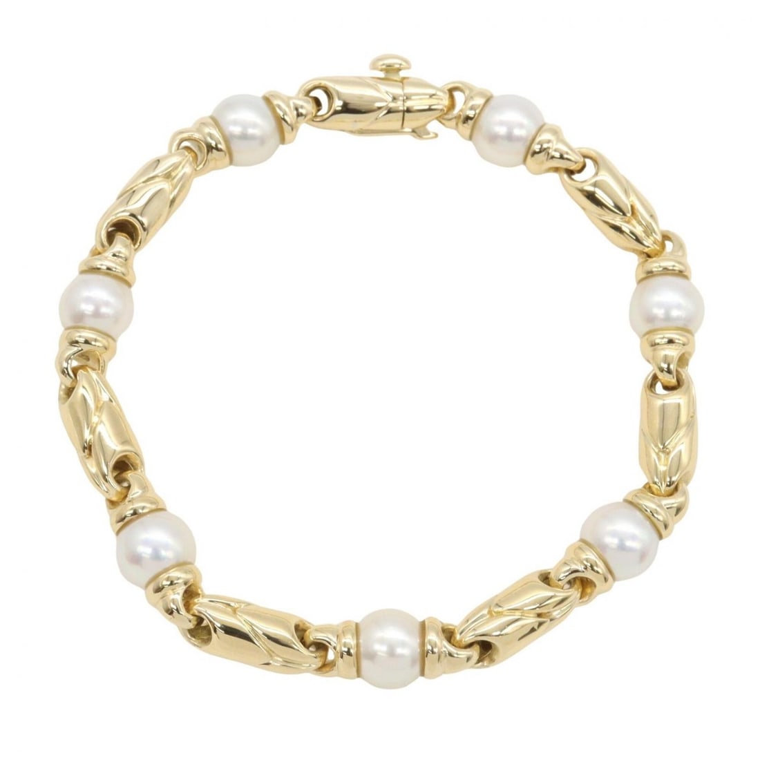 BVLGARI Passodoppio 7P Pearl Bracelet, 18K (Yellow Gold), Pearl, Women's, Gold/White Tones, 347791: --- Catalog ---Category: SizeWidth: 6mm / 0.23''Weight: 34.6g / 1.22oz.Total Length: 17cm / 6.69''Category: DesignType: Charm braceletColor: Gold, WhiteStone: PearlGender: WomenMaterial: Yellow gold (