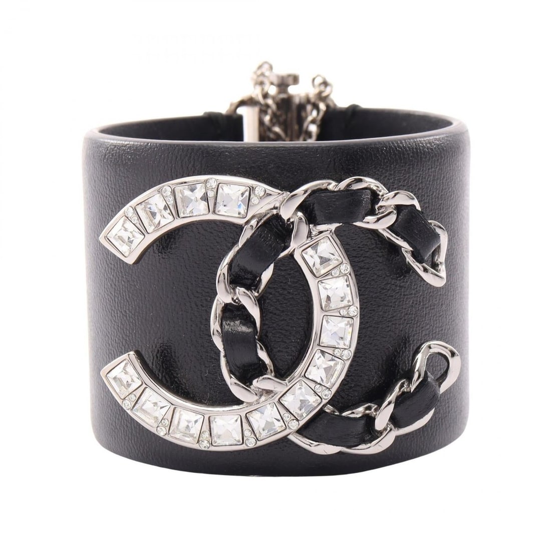 Chanel Coco Mark B18K Bangle Accessory - Leather, Metal, Rhinestone Women's Black, Silver, Clear: --- Catalog ---Category: DesignType: BangleColor: Black, Clear, SilverGender: WomenMaterial: Leather, Metal, RhinestoneCategory: GeneralBrand: Chanel--- Item List ---Section: ConditionRanking: Rank A 