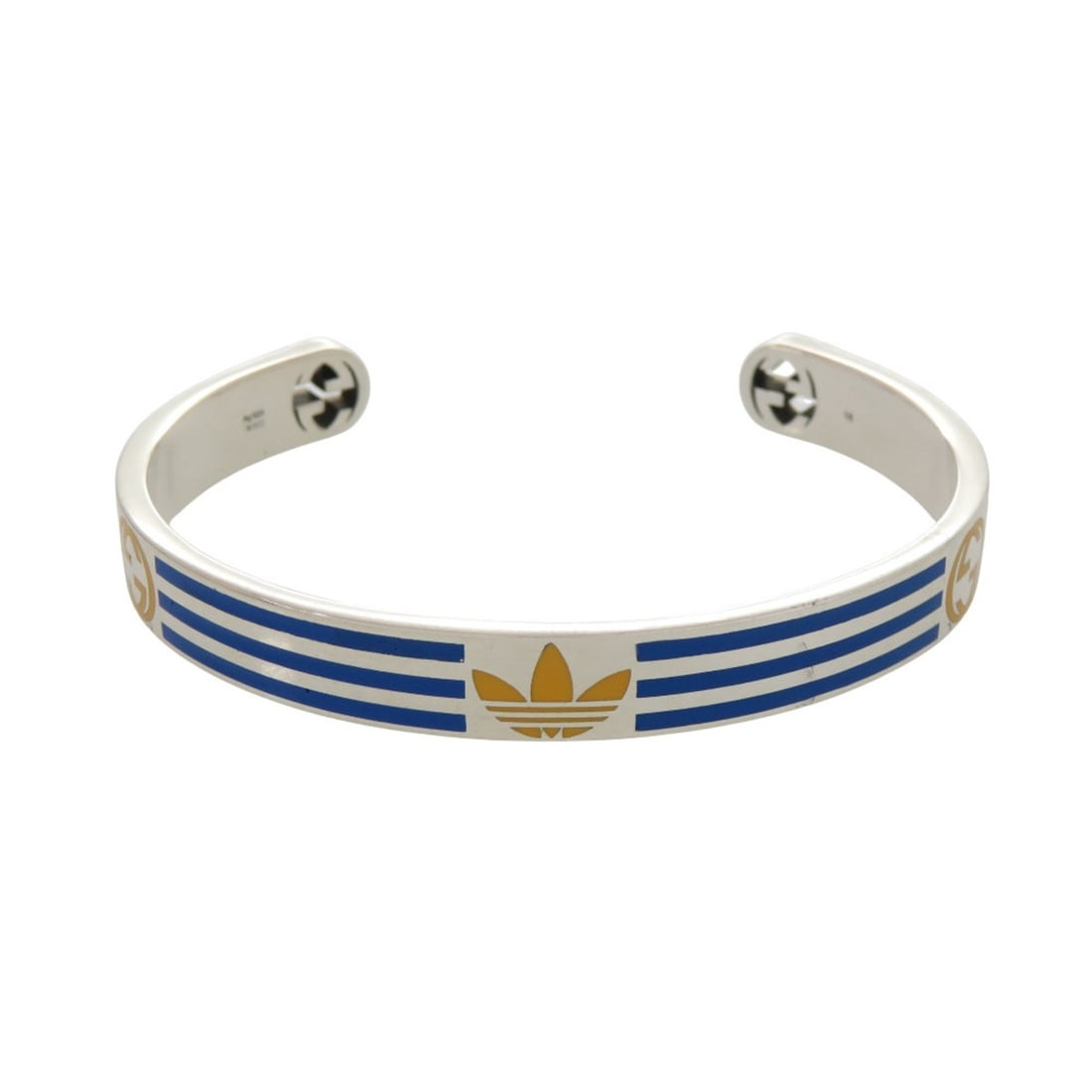 Gucci x Adidas collaboration bangle, sterling silver 925, blue, 0592, GUCCI men's.: --- Catalog ---Category: SizeLength: 14.5cm / 5.7''Category: DesignType: BangleColor: Blue, Silver, YellowGender: Men,WomenMaterial: Silver 925Category: GeneralBrand: GucciCountry of Origin: Italy--- 