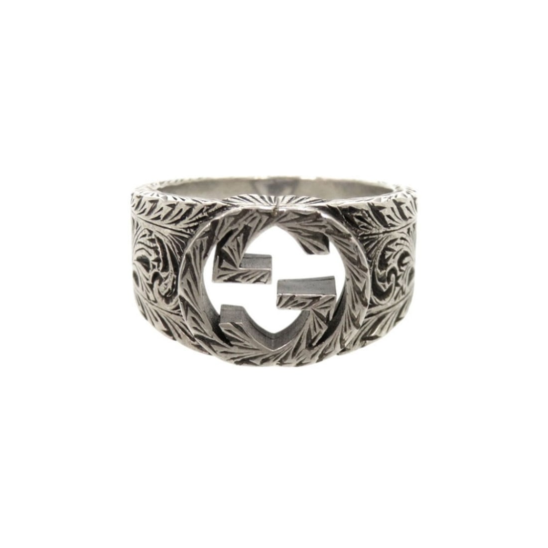 Gucci Interlocking G Arabesque Sterling Silver 925 #25 (2) Ring 0362GUCCI: --- Catalog ---Category: SizeJP Size: 23US Size: 11Category: DesignType: Band ringColor: SilverGender: MenMaterial: Silver 925Category: GeneralBrand: GucciCountry of Origin: Italy--- Item List ---Sect