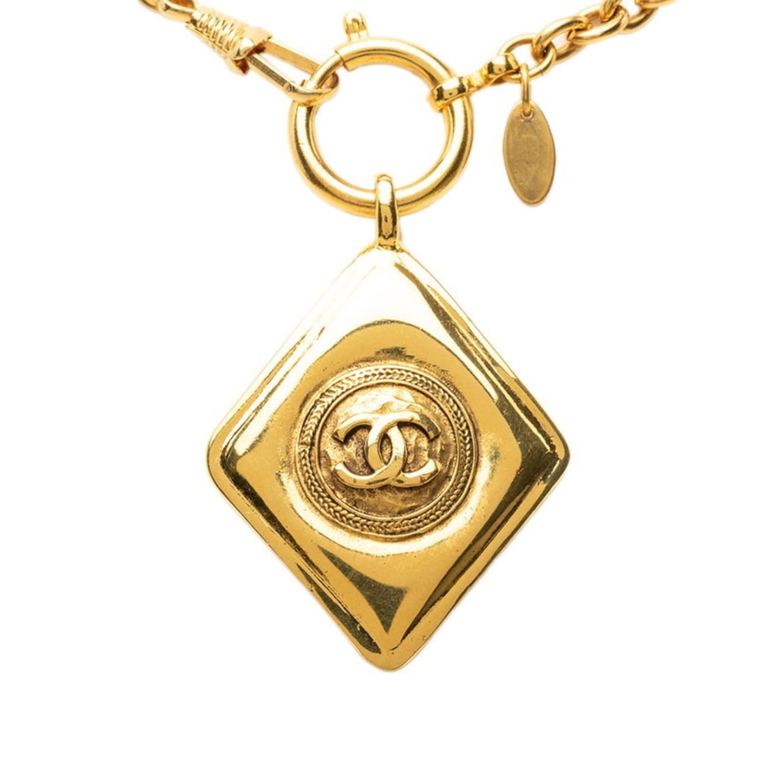 Chanel Coco Mark Rhombus Rogue Chain Pendant Necklace Gold Plated Women's CHANEL: --- Catalog ---Category: SizePendant Size: 50.6mm x 40.6mm / 1.99'' x 1.59''Neck Circumference: 74 cm / 29.13''Category: DesignColor: GoldGender: WomenNecklace Type: Pendant necklaceCategory: GeneralB