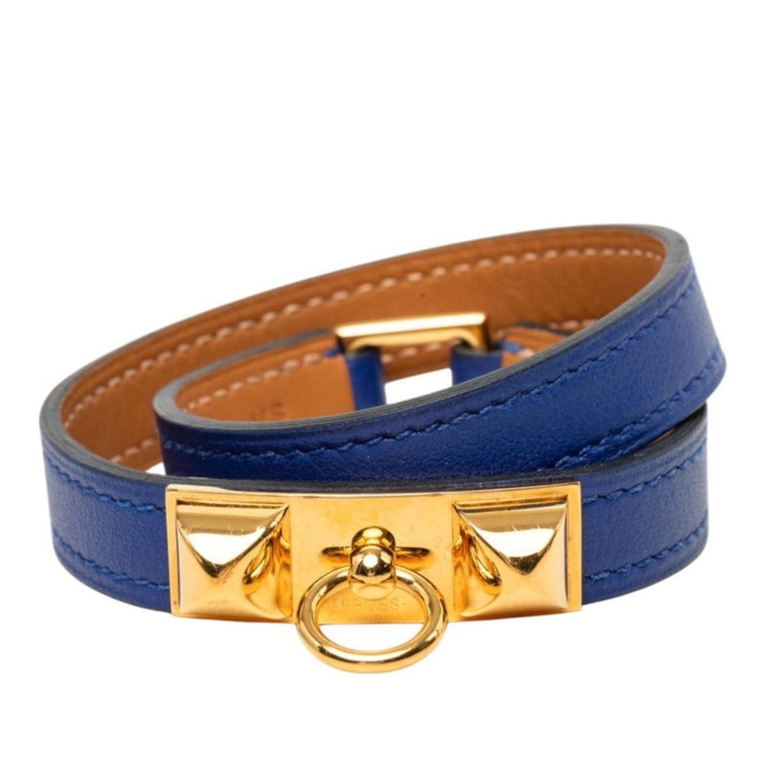 Hermes Rivale Double Tour T2 Bracelet Bangle Blue Gold Swift Plated Women's HERMES: --- Catalog ---Category: SizeLength: 15cm / 5.9''Category: DesignType: Charm braceletColor: Blue, GoldGender: WomenMaterial: Gold plating, Swift leatherCategory: GeneralBrand: Hermes--- Item List ---S