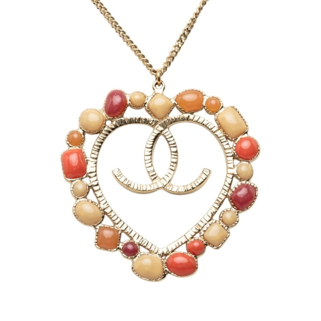 Chanel Coco Mark Heart Motif Chain Pendant Long Necklace, 09C Stamp, Gold Multicolor Plated Resin,: --- Catalog ---Category: SizePendant Size: 53.7mm x 54.9mm / 2.11'' x 2.16''Neck Circumference: 110 cm / 43.3''Category: DesignColor: Gold, Multi-colorGender: WomenNecklace Type: NecklaceCategory: