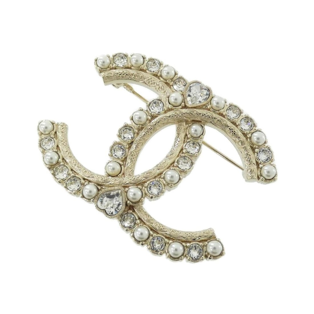 Chanel brooch: --- Catalog ---Category: SizeSize (HxWxD): 3.7cm x 5cm / 1.45'' x 1.96''Category: DesignType: BroochColor: Clear, Gold, WhiteGender: WomenCategory: GeneralBrand: Chanel--- Item List ---Section: