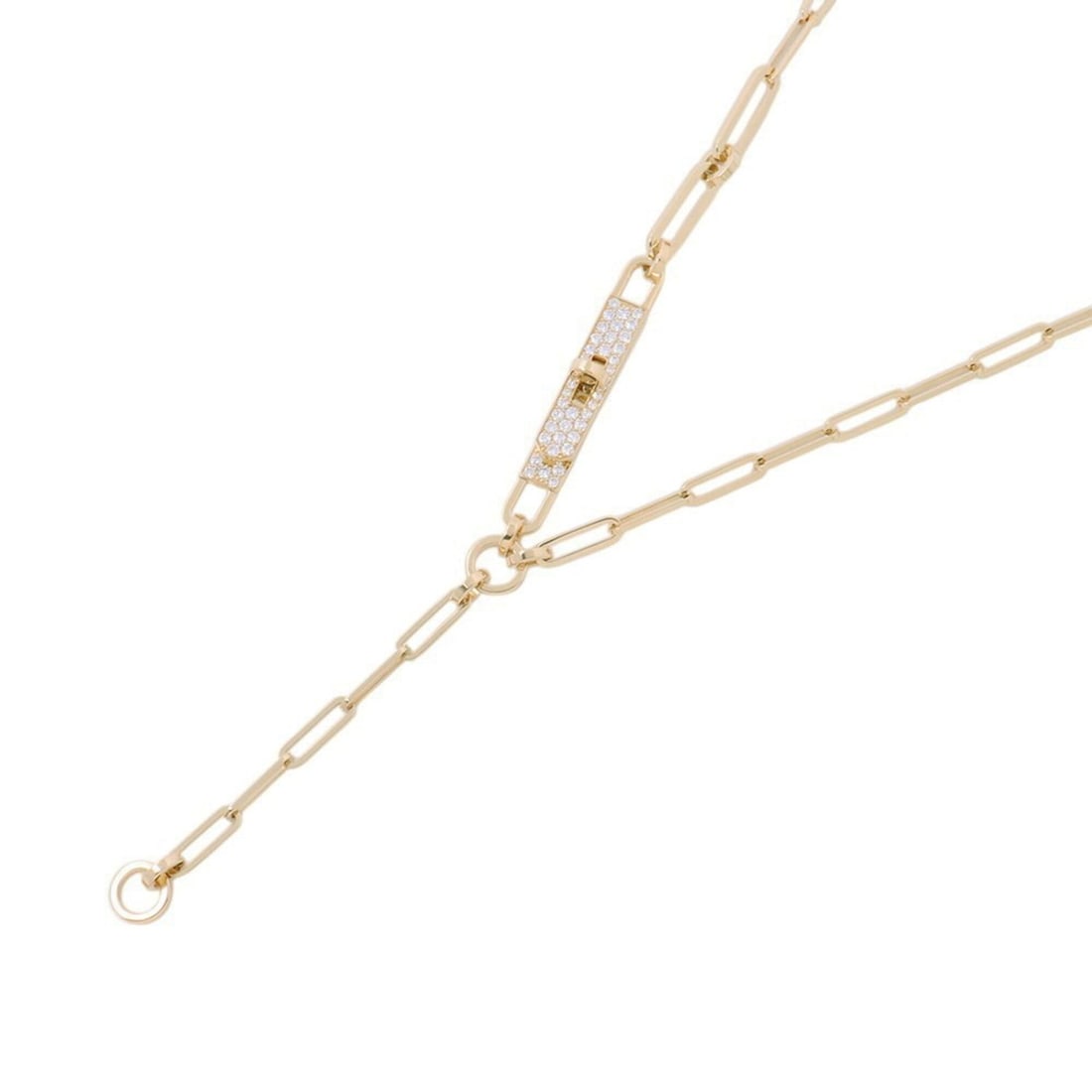 Hermes Kelly Chaine Lariat Necklace with 41 Diamonds (0.62ct total) in 18K Yellow Gold.: --- Catalog ---Category: SizePendant Size: 70.1mm x 7.9mm / 2.75'' x 0.31''Neck Circumference: 42 cm / 16.53''Category: DesignColor: Yellow goldGender: WomenMaterial: Yellow gold (18K)Necklace Type: N