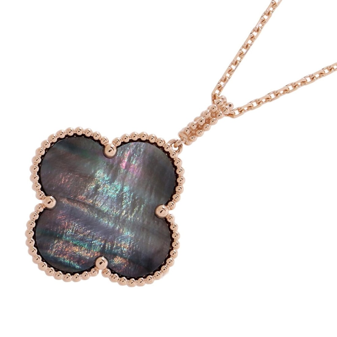 Van Cleef & Arpels Magic Alhambra Long Necklace, 1 Motif, Gray Mother-of-Pearl, 18K Pink Gold: --- Catalog ---Category: SizePendant Size: 37.6mm x 26.8mm / 1.48'' x 1.05''Neck Circumference: 90 cm / 35.43''Category: DesignColor: Gray, Pink goldGender: WomenMaterial: Pink gold (18K)Necklace