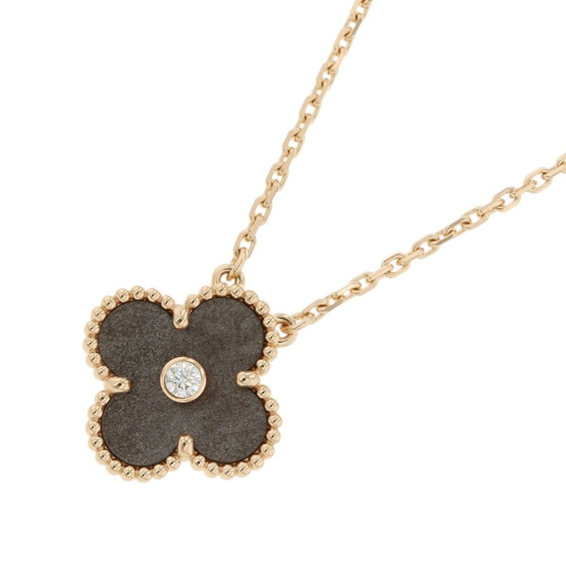 Van Cleef & Arpels Alhambra Necklace, Silver Obsidian, 1 Diamond, 18K Pink Gold, VCARP9T000, 2023: --- Catalog ---Category: SizePendant Size: 14.7mm x 14.7mm / 0.57'' x 0.57''Neck Circumference: 41.5 cm / 16.33''Category: DesignColor: Pink goldGender: WomenMaterial: Pink gold (18K)Necklace Type: