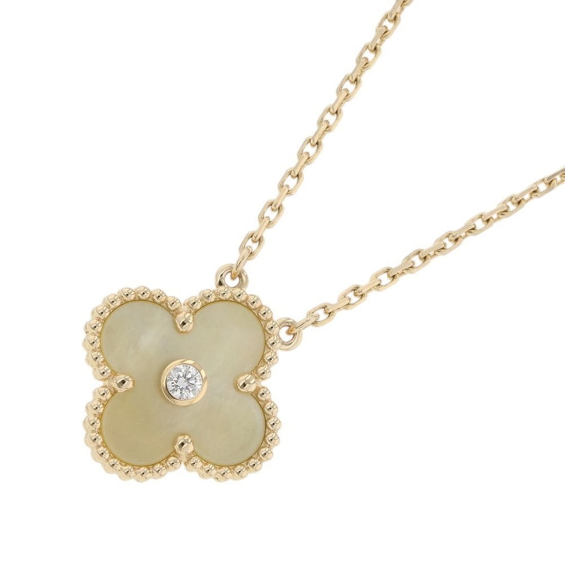 Van Cleef & Arpels Alhambra Necklace, Gold Mother-of-Pearl, 1 Diamond, 18K Yellow (VCARP2R700), 2018: --- Catalog ---Category: SizePendant Size: 14.7mm x 14.7mm / 0.57'' x 0.57''Neck Circumference: 41.5 cm / 16.33''Category: DesignColor: Yellow goldGender: WomenMaterial: Yellow gold (18K)Necklace