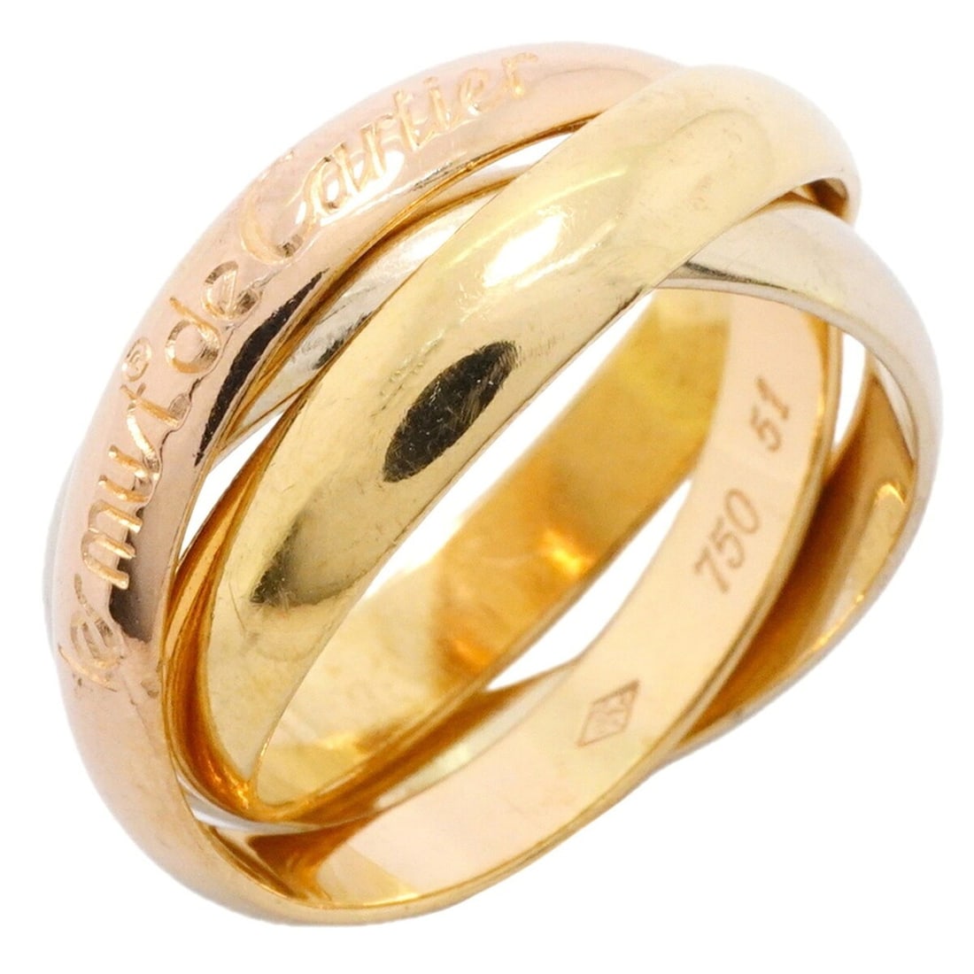 Cartier Trinity Classic Ring, 18K Yellow Gold, White Pink Size #51, Ladies', P3450248: --- Catalog ---Category: SizeUS Size: 6Brand Size: 51Category: DesignType: Band ringGender: WomenMaterial: Pink gold (18K), White gold (18K), Yellow gold (18K)Category: GeneralBrand: Cartier--- Item