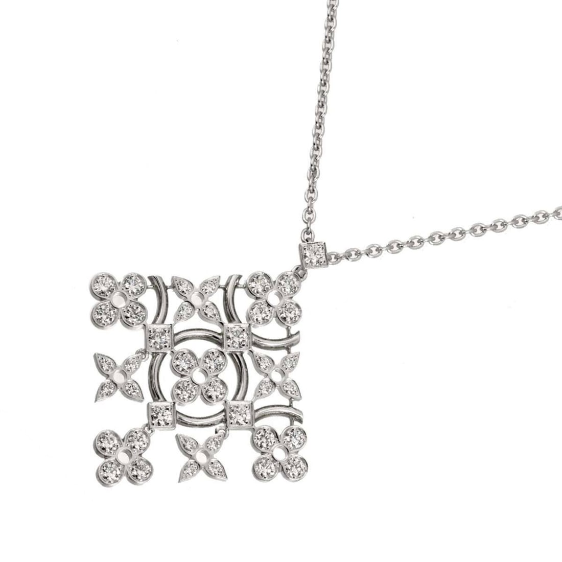 Louis Vuitton Dentelle Diamond Necklace, 45cm, 18K White Gold (750).: --- Catalog ---Category: SizePendant Size: 38.5mm x 33.4mm / 1.51'' x 1.31''Neck Circumference: 45 cm / 17.71''Category: DesignGender: WomenMaterial: White gold (18K)Necklace Type: NecklaceCategory: G