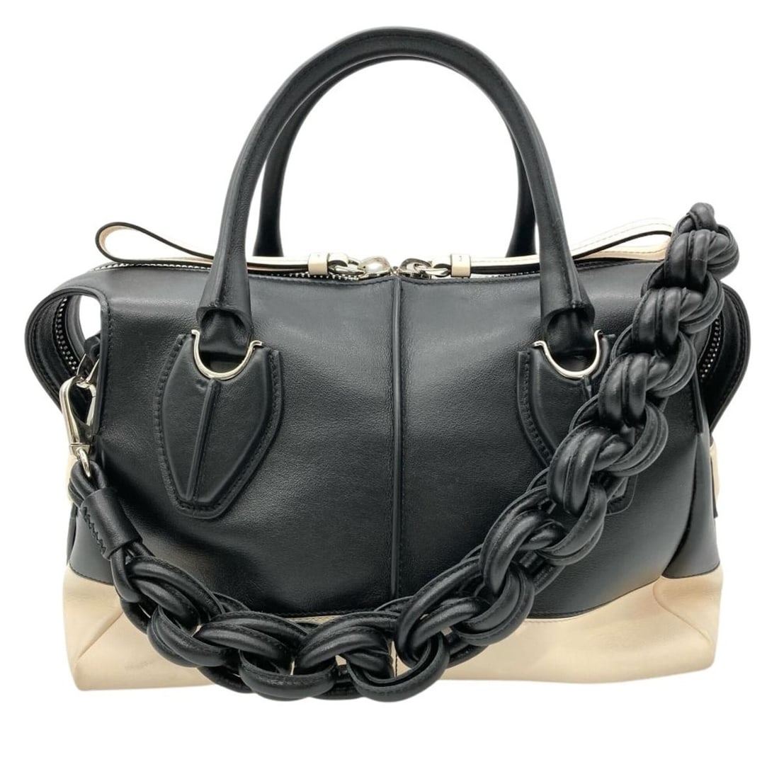Tod's TOD'S D Styling Shoulder Bag, Leather, Silver Hardware, Black x White Bicolor, Braided Strap,: --- Catalog ---Category: SizeSize (HxWxD): 16cm x 28cm x 11.5cm / 6.29'' x 11.02'' x 4.52''Category: DesignType: Shoulder bagColor: Black, WhiteGender: WomenMaterial: Leather Category: GeneralBrand: T