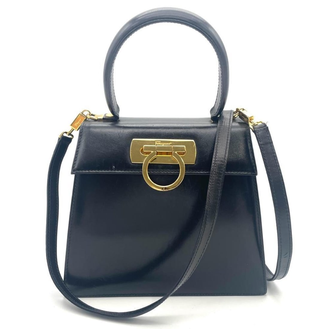 Salvatore Ferragamo Ferragamo Gancini Mini Handbag, 2-Way, Leather, Black: --- Catalog ---Category: SizeSize (HxWxD): 18cm x 20cm x 9cm / 7.08'' x 7.87'' x 3.54''Category: DesignType: HandbagColor: BlackGender: WomenMaterial: Leather Category: GeneralBrand: Salvatore Ferraga