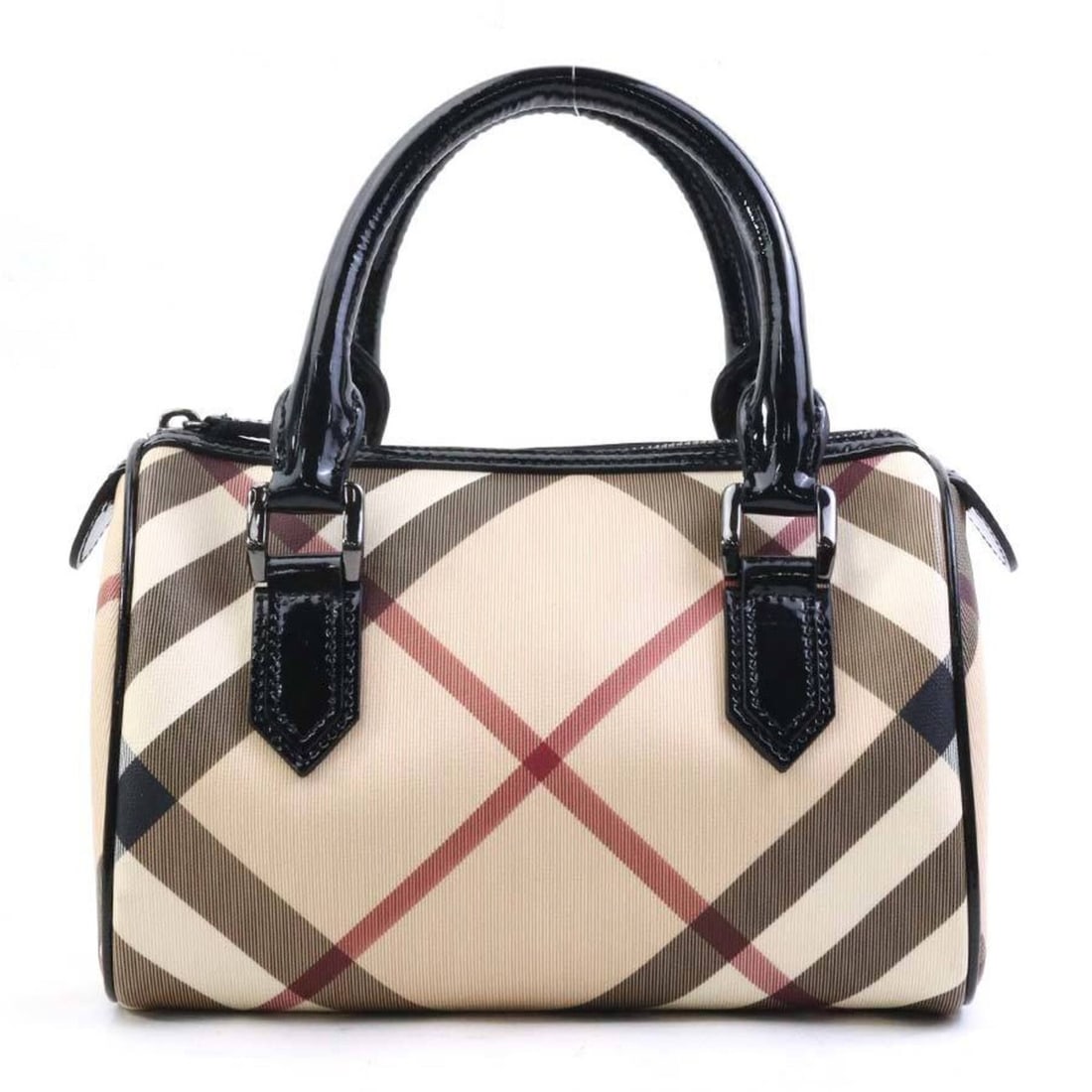 Burberry handbag, coated canvas and patent leather, beige black, women's, 56552k: --- Catalog ---Category: SizeSize (HxWxD): 17cm x 23cm x 12cm / 6.69'' x 9.05'' x 4.72''Category: DesignType: HandbagColor: Beige, BlackGender: WomenMaterial: Coated canvas , Patent leather Category: 