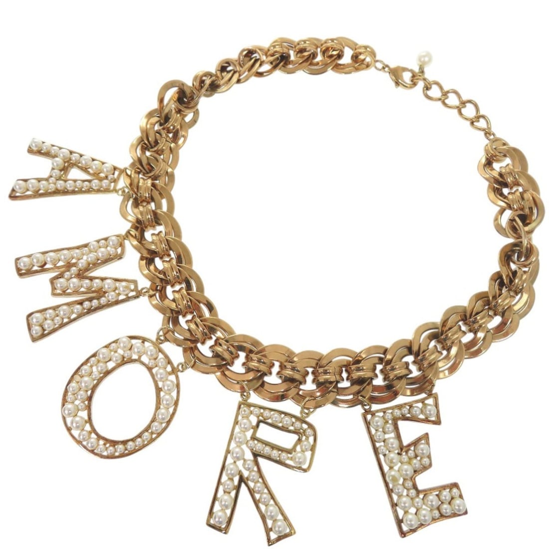 Dolce & Gabbana AMORE Pearl Necklace, Metal, Gold, 0676: --- Catalog ---Category: SizePendant Size: 4.2mm x 3.6mm / 0.16'' x 0.14''Neck Circumference: 50 cm / 19.68''Category: DesignColor: GoldGender: WomenMaterial: MetalNecklace Type: NecklaceCategory: Gen