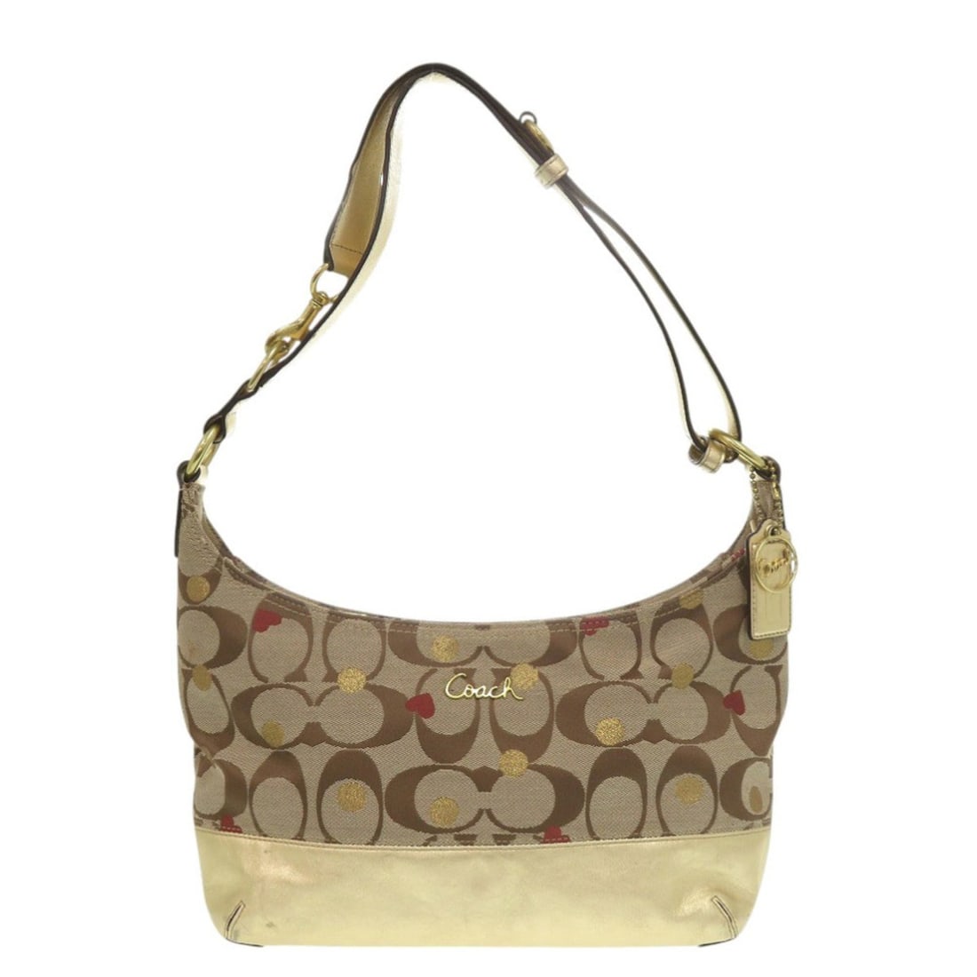 Coach Signature F18884 Canvas Leather Brown Gold Shoulder Bag 1325 COACH: --- Catalog ---Category: SizeSize (HxWxD): 17cm x 30cm x 10cm / 6.69'' x 11.81'' x 3.93''Category: DesignType: Shoulder bagColor: BrownGender: WomenMaterial: Signature line Category: GeneralMPN: F1888