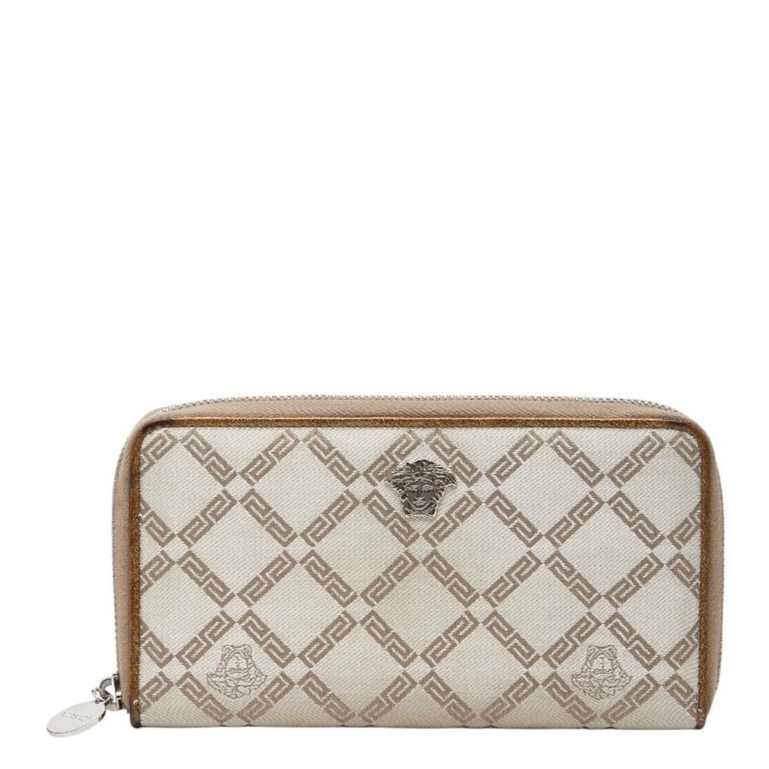 Versace Round Zip Long Wallet, Beige Canvas Leather, Women's: --- Catalog ---Category: SizeSize (HxWxD): 10cm x 18.5cm x 2cm / 3.93'' x 7.28'' x 0.78''Category: DesignType: Long wallet (bi-fold)Color: BeigeGender: WomenMaterial: Canvas , Leather Category: Genera