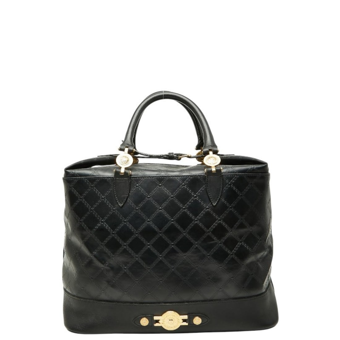 Versace Sunburst Greca Boston Bag Tote Black Gold Leather Women's VERSACE: --- Catalog ---Category: SizeSize (HxWxD): 36cm x 36.5cm x 21cm / 14.17'' x 14.37'' x 8.26''Category: DesignType: Boston bag, Tote bagColor: Black, GoldGender: WomenMaterial: Leather Category: General