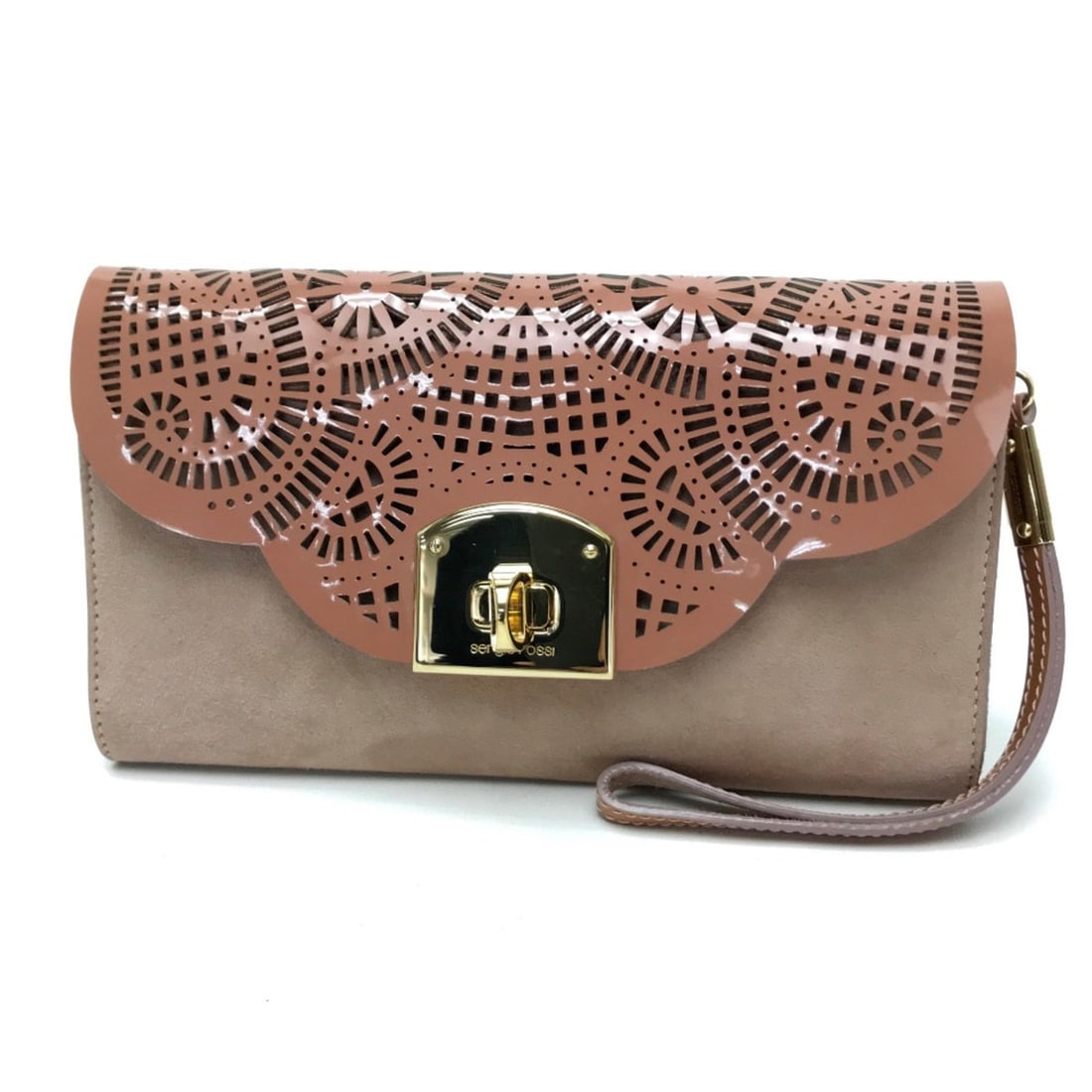 Sergio Rossi handbag, pouch, clutch bag, mini party suede, patent leather, women's, pink beige.: --- Catalog ---Category: SizeSize (HxWxD): 13cm x 21.5cm / 5.11'' x 8.46''Category: DesignType: Clutch bag, HandbagColor: Pink beigeGender: WomenClosure: Turn lockMaterial: Suede , Patent leather Cate