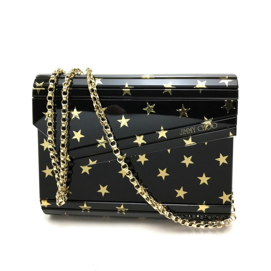 JIMMY CHOO Star Pattern Mini Bag Clutch Crossbody Chain Pouch Shoulder Plastic Leather Women's Black: --- Catalog ---Category: SizeSize (HxWxD): 12.5cm x 17cm x 3.5cm / 4.92'' x 6.69'' x 1.37''Strap Length: 113cm / 44.48''Category: DesignType: Clutch bag, Pochette, Shoulder bagColor: Black, GoldStyle:
