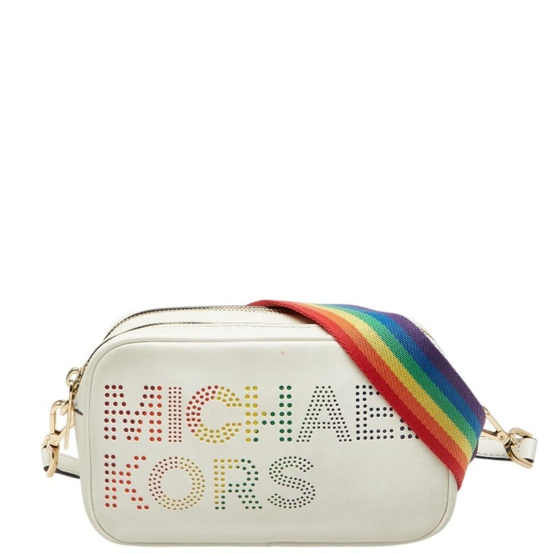 Michael Kors Lacey Rainbow Perforated Logo Shoulder Bag, White Leather, Women's: --- Catalog ---Category: SizeSize (HxWxD): 11cm x 20cm x 7cm / 4.33'' x 7.87'' x 2.75''Category: DesignType: Shoulder bagColor: WhiteGender: WomenMaterial: Leather Category: GeneralBrand: Michael Kors
